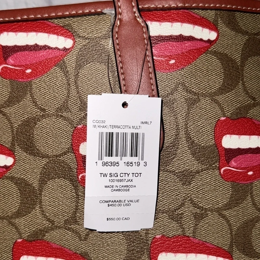 Coach Tom Wesselmann City Tote Bag Signature Canvas Smile Mouth Lips Teeth Print